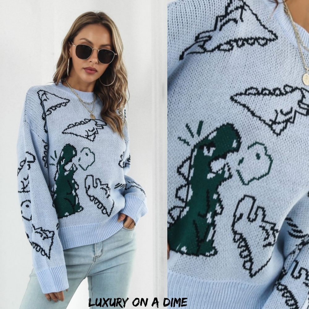 Blue Dinosaur Pattern Sweater - Picture 2 of 10
